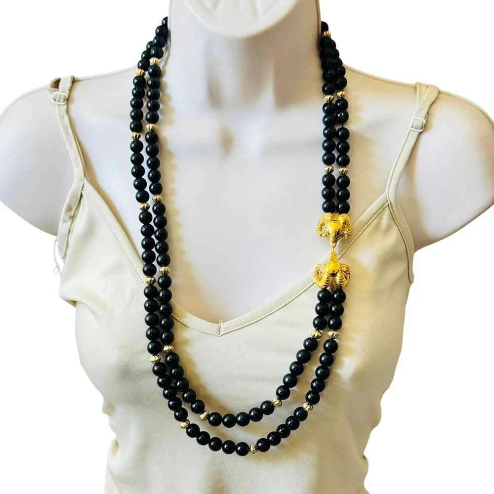 KJL Kenneth Jay Lane Avon Double Ram Head Necklace VTG Lucite Gold Rhinestone